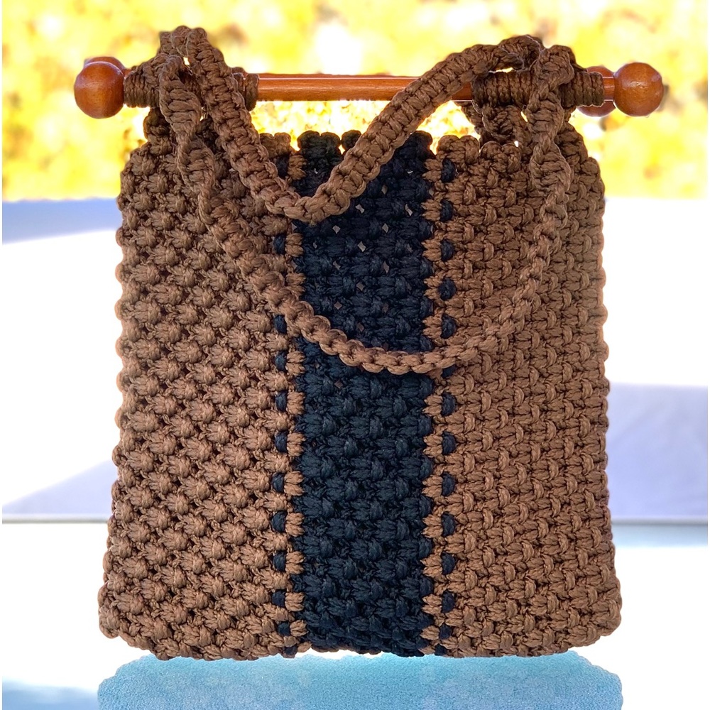 Brown and Black Wide Striped Color Block Macramé Purse